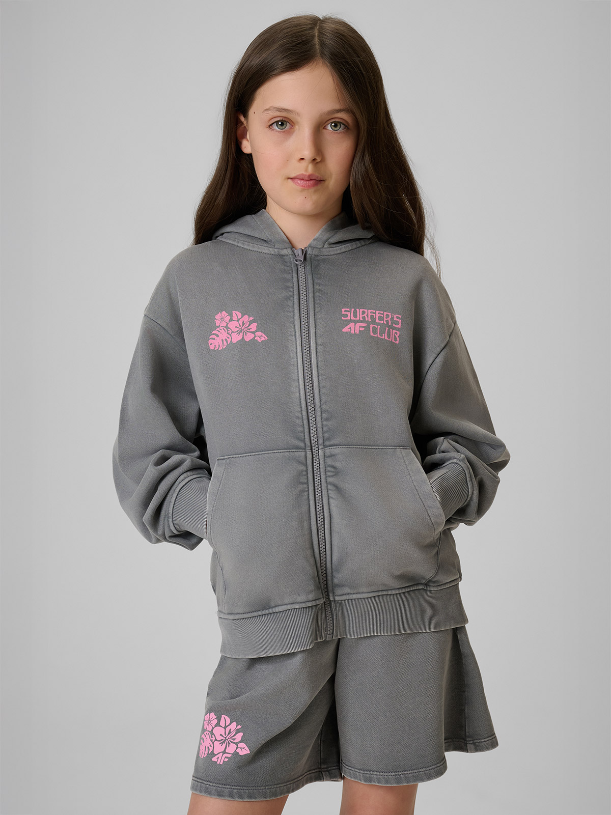 4F Bluza dresowa loose z kapturem dziewczęca - szara 158/164 (12-14 lat)