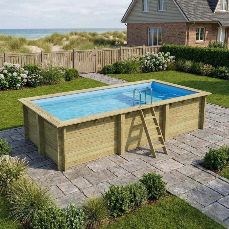 Basen drewniany AQUA 6.1 x 2.85 - H.1.31 m z plażą, jasnoniebieski, ze wspornikami do zabetonowania - BAS7307OSPI+PLA307 - ALTANKA