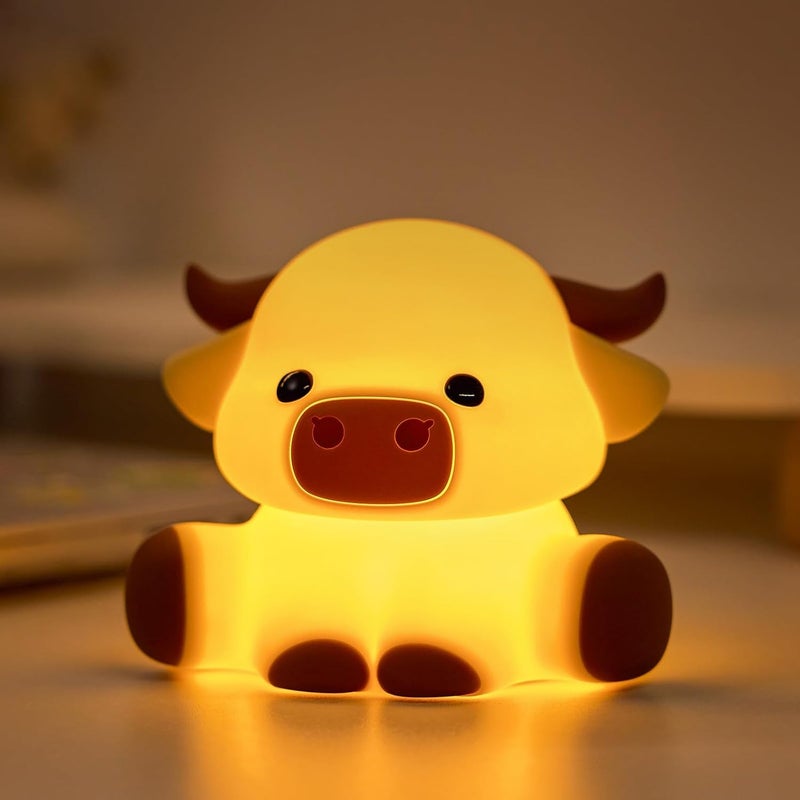 Lampka nocna w kształcie krowy szkockiej, silikonowa lampa dotykowa LED, ładowana przez USB, 3 poziomy intensywności