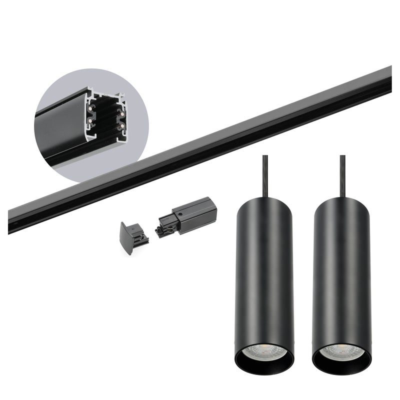 Zestaw szynowy 3 fazowy Kobi szyna 2m, 2x lampa wisząca czarny 1kpl.