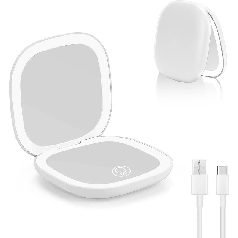 Lustro powiększające LED, kieszonkowe lusterko z ładowarką USB 1X/10X, 3 regulowane światła, składany magnetyczny włącznik do makijażu (białe)