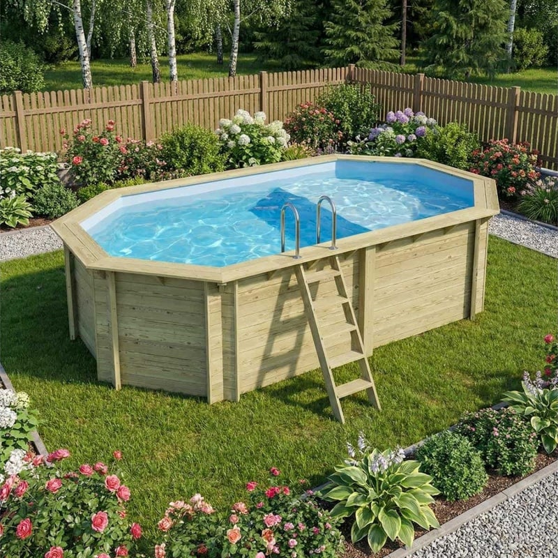 Basen drewniany NEMO 5.79 x 3.49 - H.1.45 m z plażą, jasnoniebieski, na ramie - bez betonowania - BAS7304OSPU+PLA304 - ALTANKA
