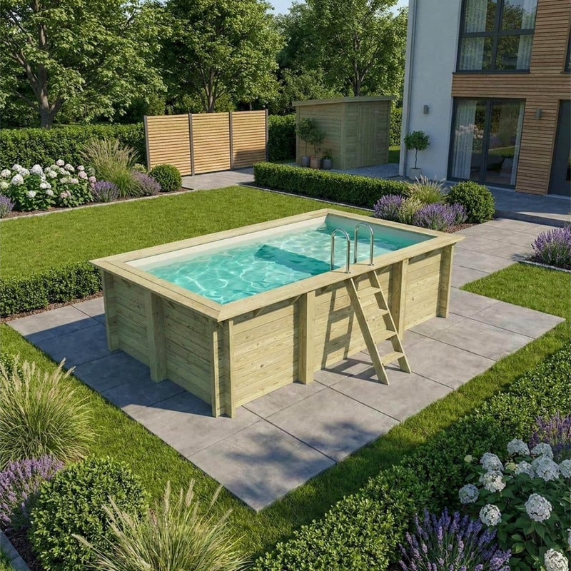 Basen drewniany AQUA 4.65 x 2.85 - H.1.24 m z plażą, piaskowy, ze wspornikami do zabetonowania - BAS7306OSPI3+PLA306 - ALTANKA