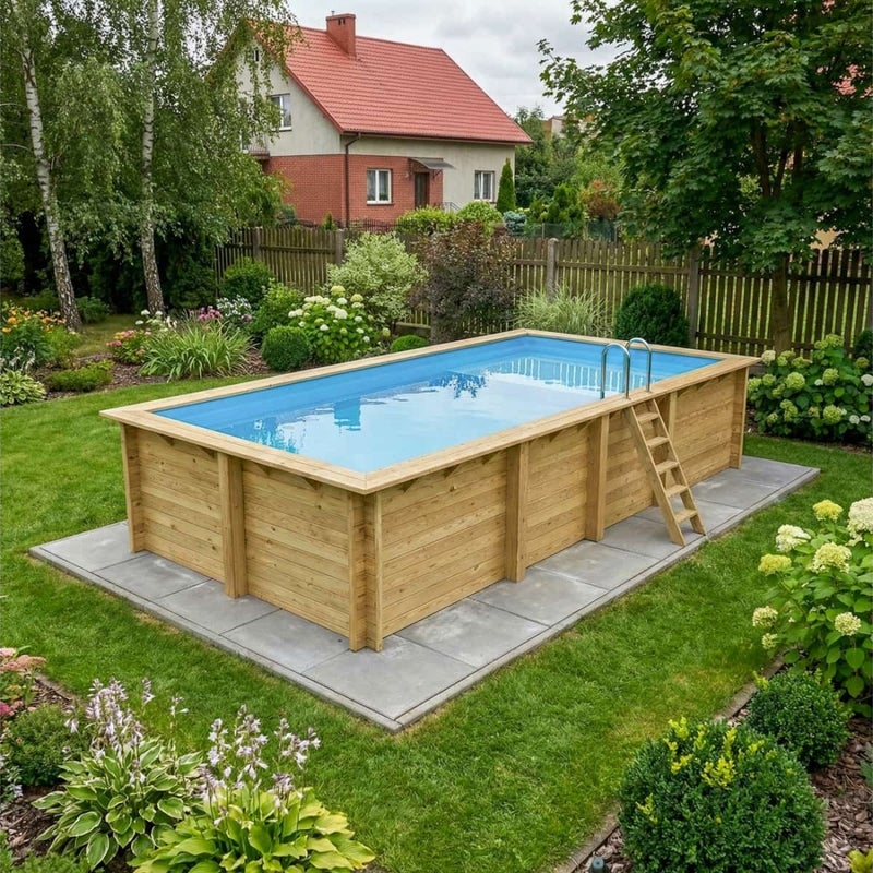 Basen drewniany AQUA 7 x 3.75 - H.1.45 m z plażą, jasnoniebieski, na ramie - bez betonowania - BAS7308OSPU+PLA308 - ALTANKA