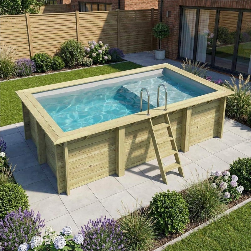 Basen drewniany AQUA 4.65 x 2.85 - H.1.24 m z plażą, szary, ze wspornikami do zabetonowania - BAS7306OSPI2+PLA306 - ALTANKA