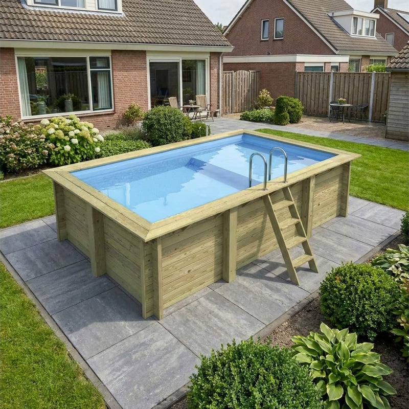 Basen drewniany AQUA 4.65 x 2.85 - H.1.24 m z plażą, jasnoniebieski, na ramie - bez betonowania - BAS7306OSPU+PLA306 - ALTANKA