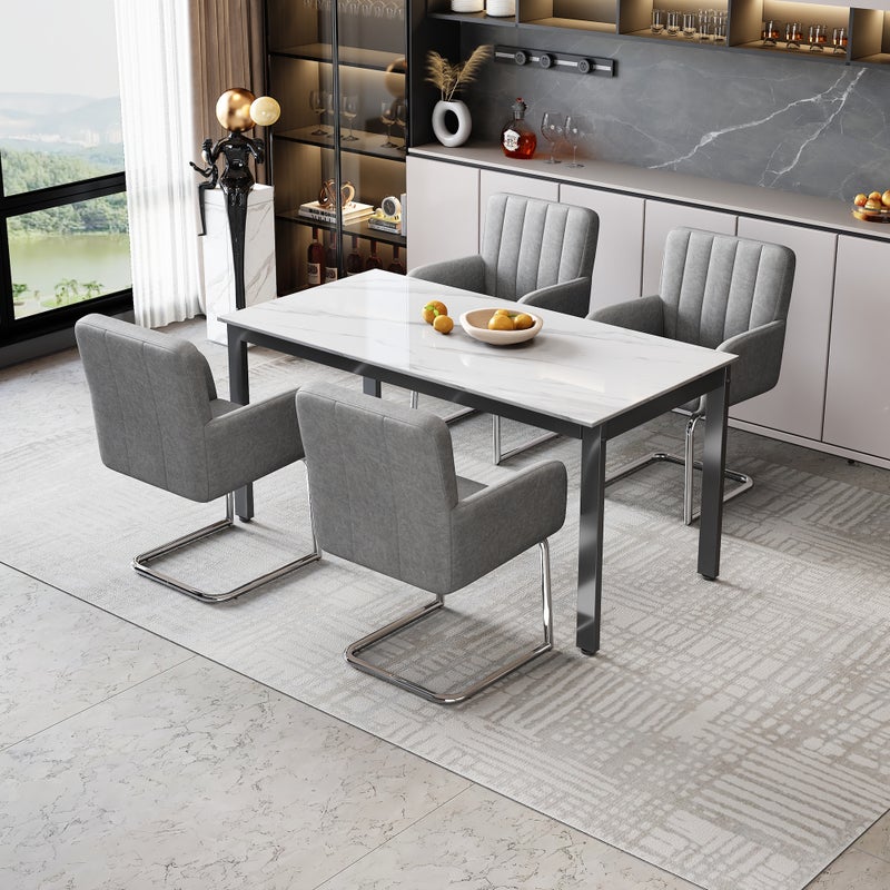 Zestaw 4 krzeseł do jadalni z podłokietnikami - 56 x 57 x 86 cm - Skóra ekologiczna (PU) i metal - Ergonomiczne, nośność 150 kg - Szare