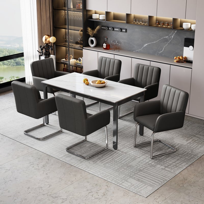 Zestaw 6 krzeseł do jadalni z podłokietnikami - 56 x 57 x 86 cm - Skóra ekologiczna (PU) i metal - Ergonomiczne, nośność 150 kg - Czarne