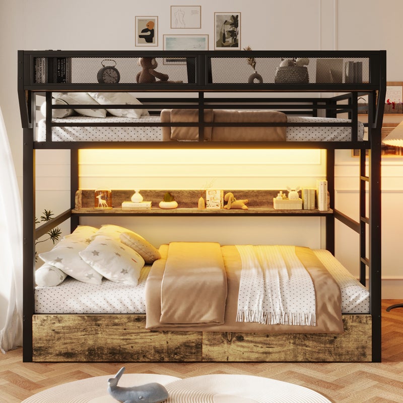 Łóżko piętrowe 2 x 140 x 200 cm z półką, 2 szufladami, koszem nocnym i oświetleniem LED - Metal i MDF - Czarne (Materac nie jest wliczony w cenę)