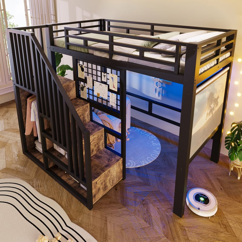 Łóżko piętrowe 90 x 200 cm ze schowkiem, otwartą szafą, barierką i oświetleniem LED – metal i płyta MDF – czarne