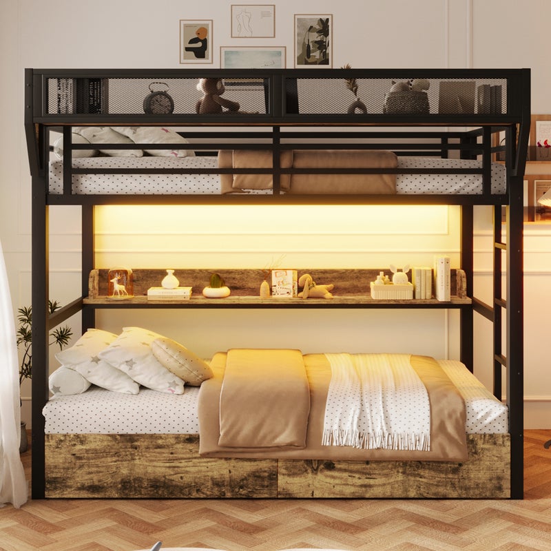 Łóżko piętrowe 2 x 90 x 200 cm z półką, 2 szufladami, koszem nocnym i oświetleniem LED – metal i płyta MDF – czarne