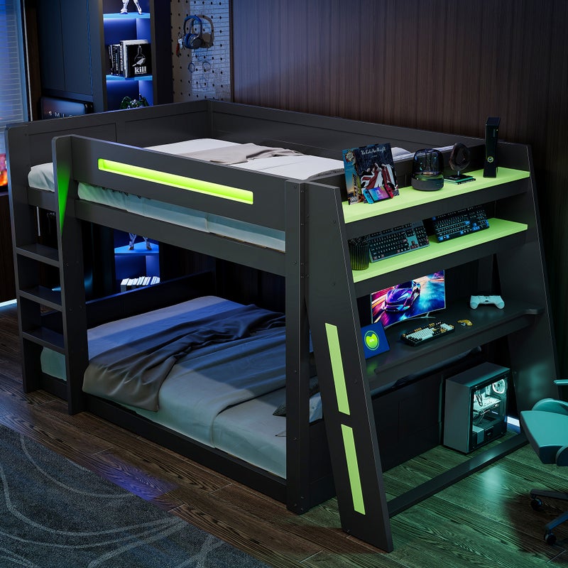 Łóżko piętrowe 2 x 140 x 200 cm z biurkiem gamingowym, półkami, portem USB i oświetleniem LED – sosna i MDF – czarno-zielone