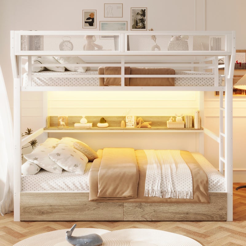 Łóżko piętrowe 2 x 140 x 200 cm z półką, 2 szufladami, koszem nocnym i oświetleniem LED - Metal i MDF - Białe (Materac nie jest wliczony w cenę)