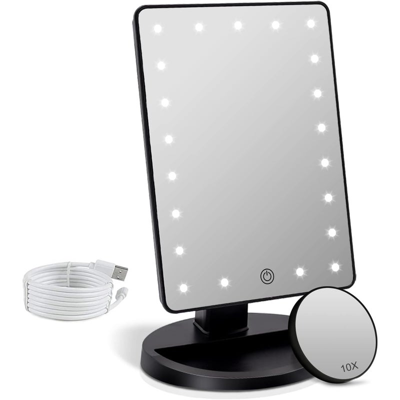 Lustro do makijażu z oświetleniem LED, powiększenie 1X/10X, obrót o 180°, regulowana jasność, przenośne lusterko kosmetyczne (czarne)