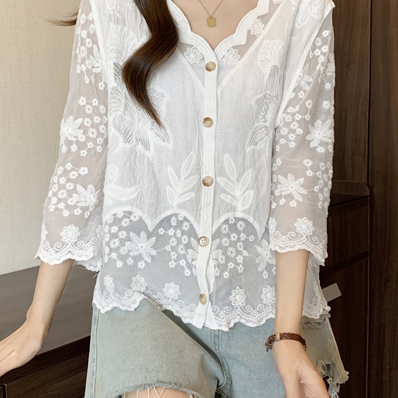 TEMU Damski Kardigan z Dekoltem w Serek i Ażurowym Wzorem, Nowy Wiosna/ Luźny Krój, Stylowy Modny Koronkowy Patchwork w Stylu Koreańskim, Ładny Stylu