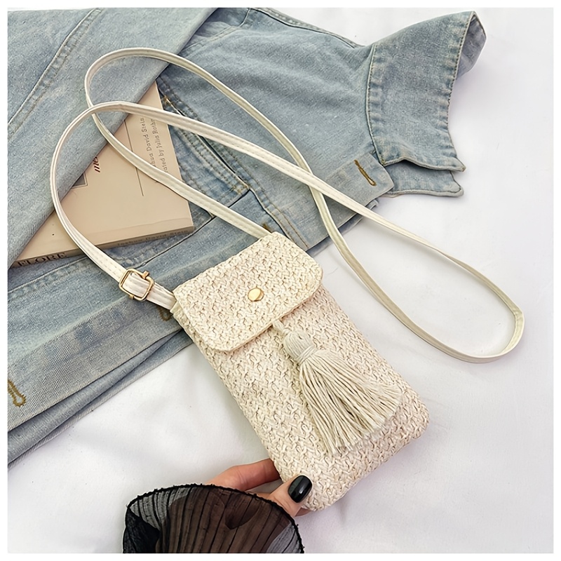TEMU Letnia Modna Torba Crossbody z Frędzlami Plażowa Torba Słomkowa Mini Torba na Telefon Modna Modna Łatwa Torba na Ramię Mała Torba Organizer