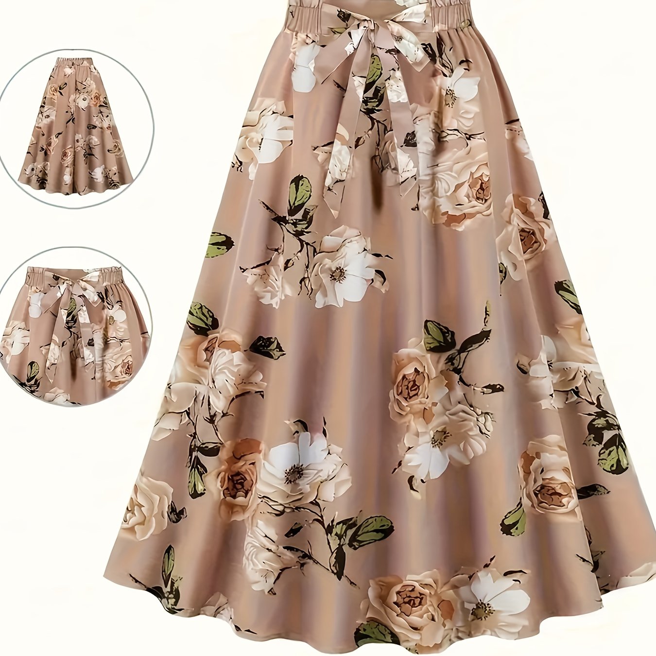 TEMU Elegancka i modna damska spódnica rozkloszowana w kształcie litery A z nadrukiem, midi, z rozciągliwą kokardą w pasie, na /jesień