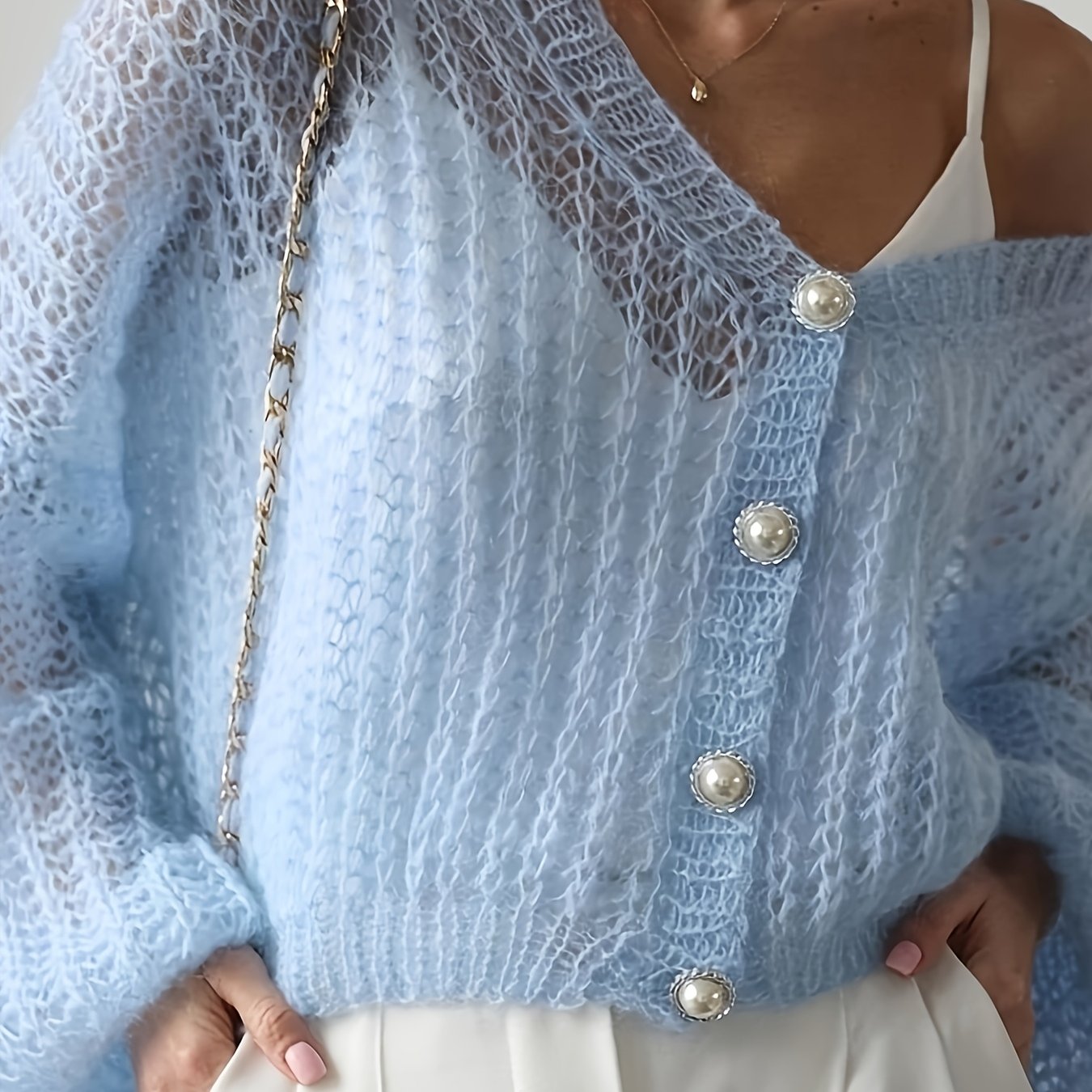 TEMU Damski kardigan z koronką i wycięciami w dekolt V, luźny sweter z rękawami typu 