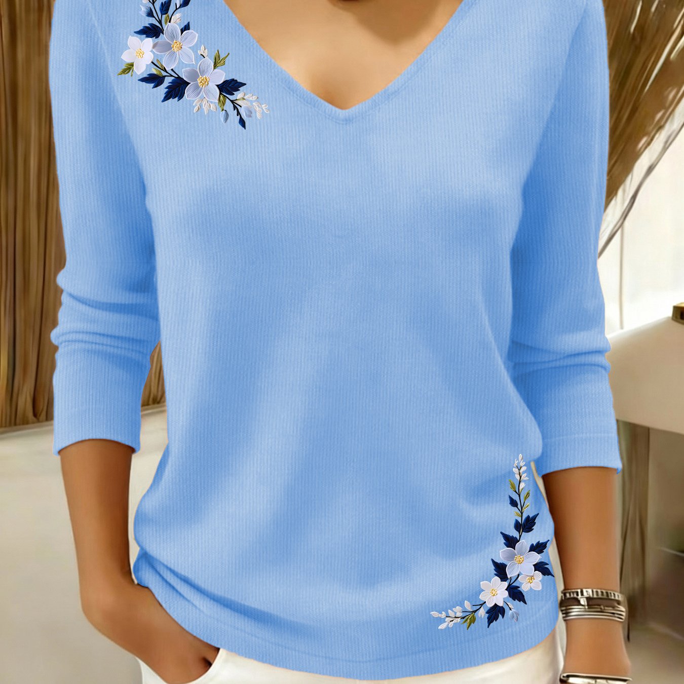 TEMU Damski sweter casualowy - Luźny sweter z długim rękawem i dekoltem w serek Wygodny, elastyczny, teksturowany, trwały materiał, modny, miękka