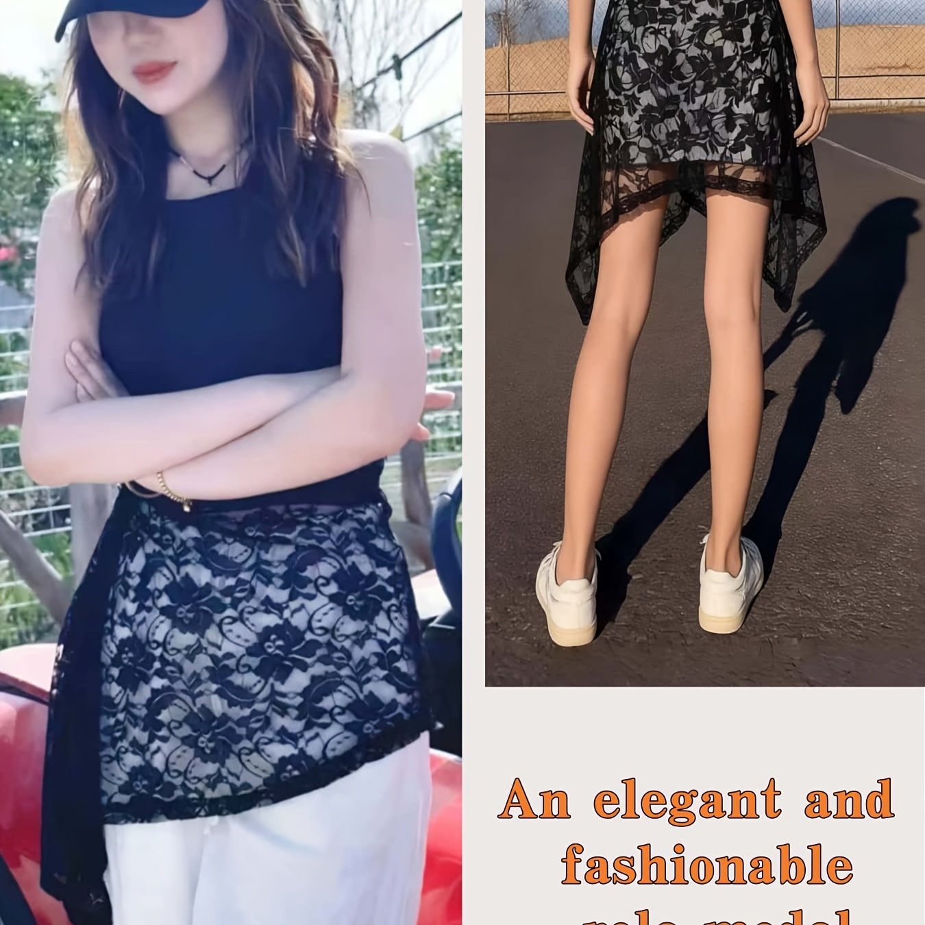 TEMU Elegancka spódnica z koronką w kwiaty Ditsy Asymetryczna, krótka, luźny krój, modny design retro na każdą porę roku