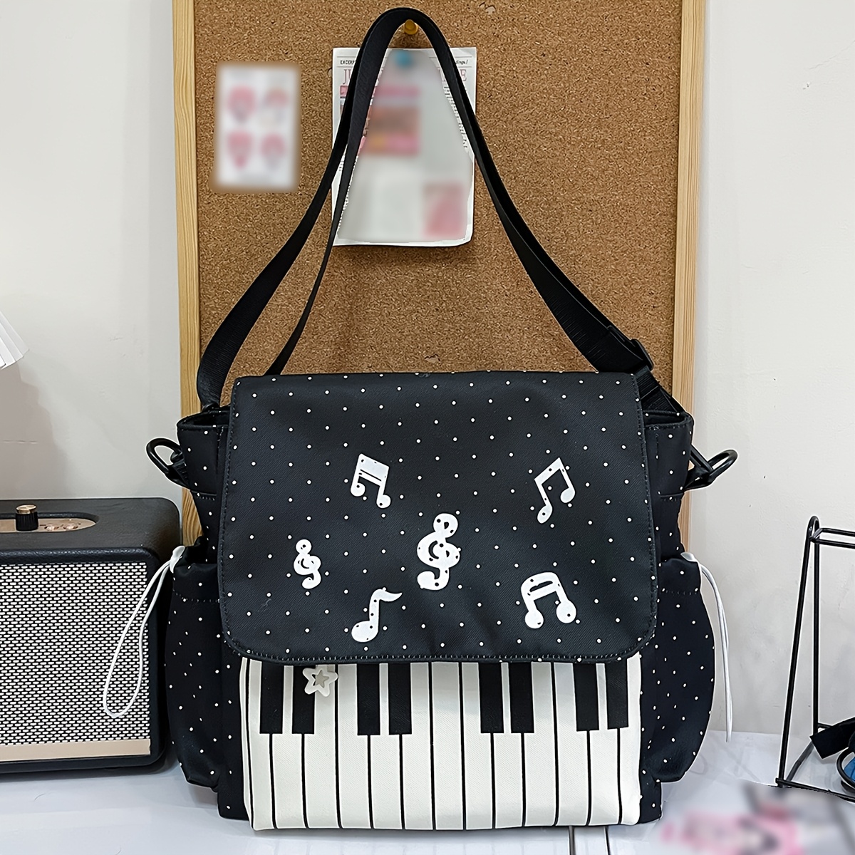 TEMU Elegancka damska torba typu tote wykonana z nylonu, ozdobiona nadrukiem z muzyki fortepianowej. Ta pojemna torba na ramię może być również