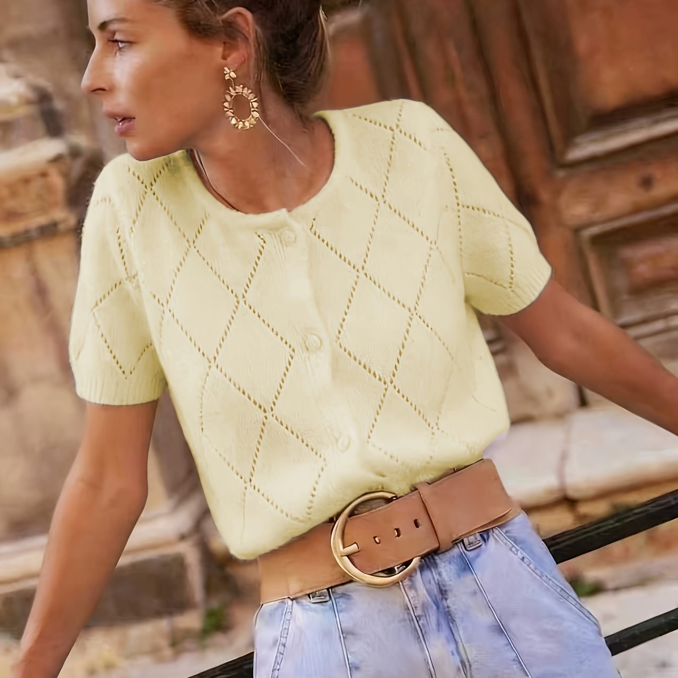 TEMU Kardigan damski, z krótkim rękawem i okrągłym dekoltem, jednorzędowy z guzikami, jednokolorowy, wierzchni sweter na wiosnę/, casualowy, wysokiej