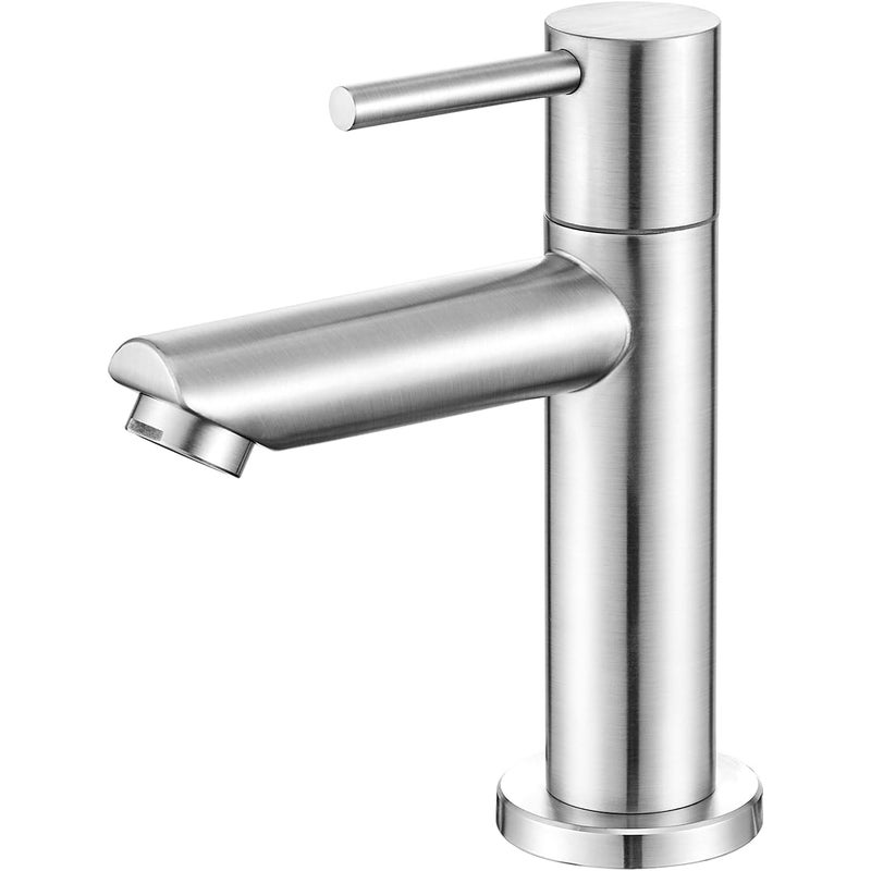 Srebrny kran do zimnej wody, bateria umywalkowa ze stali nierdzewnej 304 (prosta wylewka) z wężem 60 cm.
