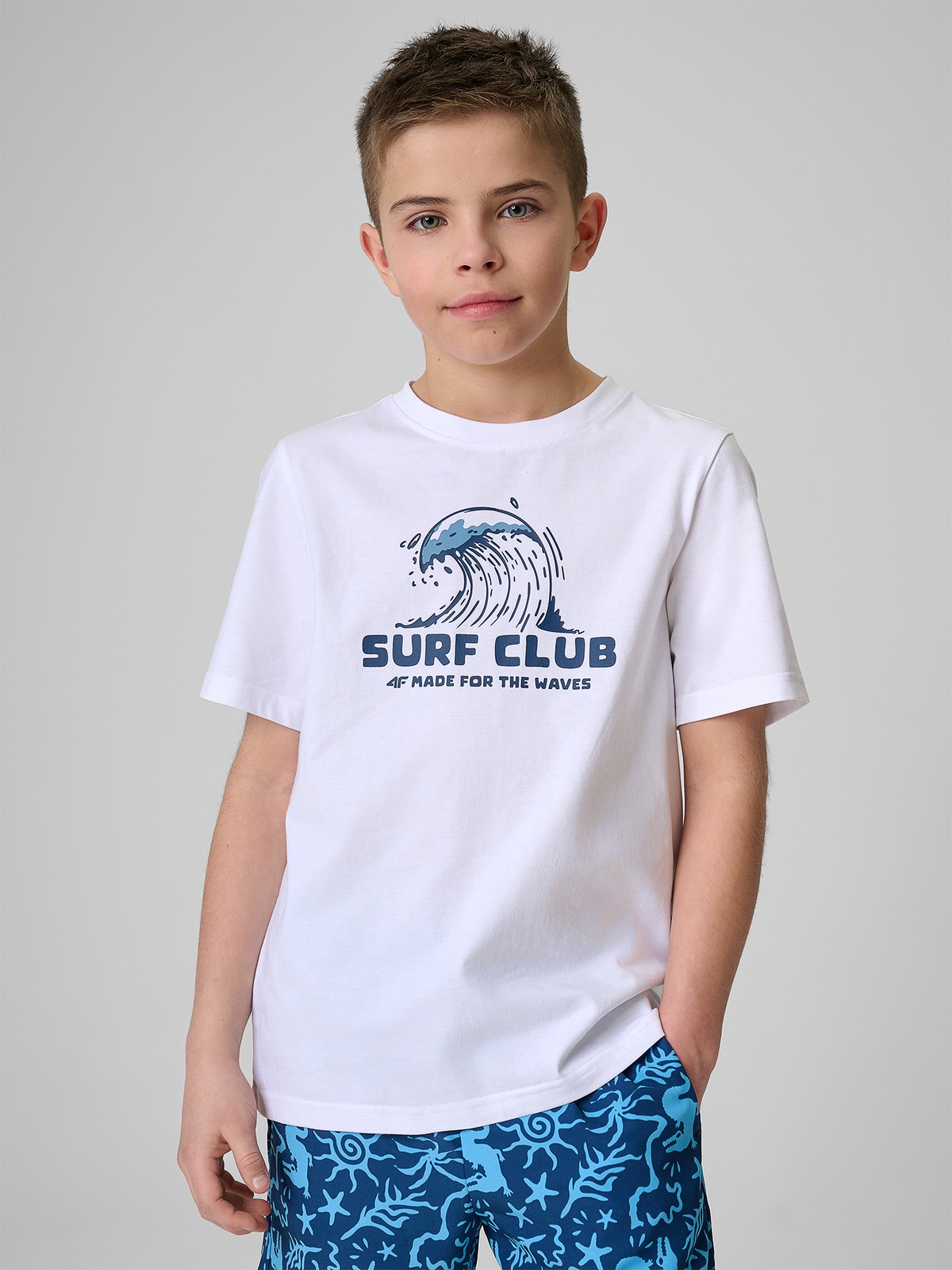 4F T-shirt regular z nadrukiem chłopięcy - biały 164 (13-14 lat)