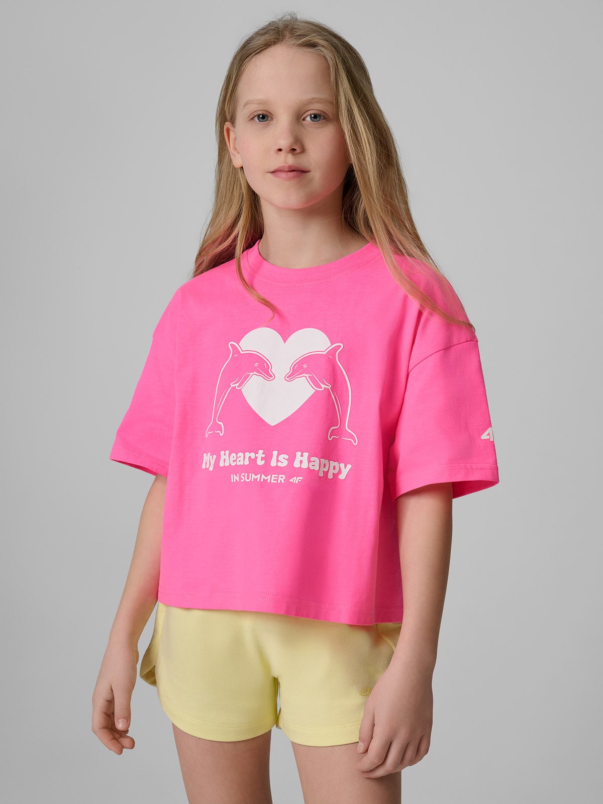 4F T-shirt loose z nadrukiem dziewczęcy - różowy 146/152 (10-12 lat)