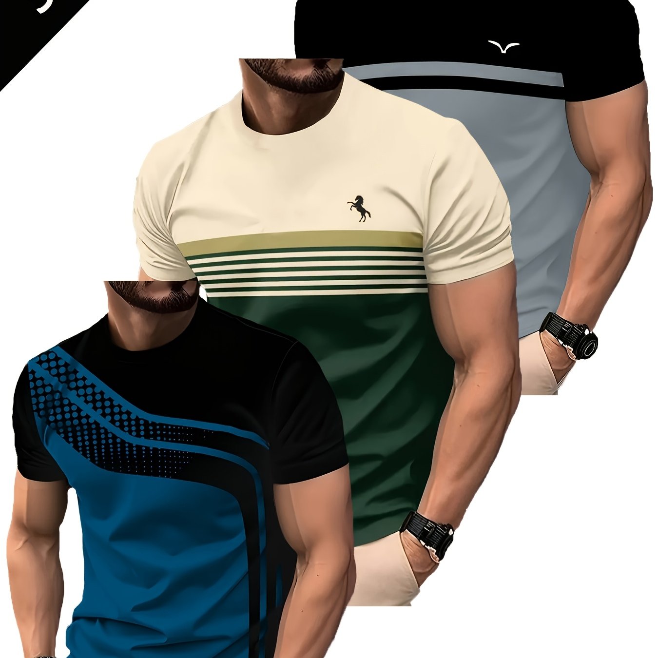 TEMU Zestaw 3 stylowych męskich koszulek z krótkim rękawem, letnie koszulki sportowe z okrągłym dekoltem w paski, szybkoschnące i oddychające,