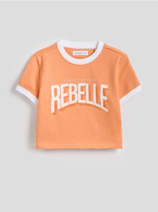 Reserved - Krótki t-shirt z nadrukiem - pomarańczowy