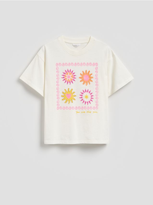 Reserved - T-shirt z aplikacją - złamana biel