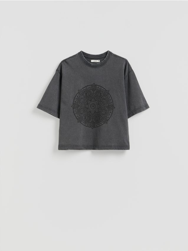 Reserved - Bawełniany t-shirt z nadrukiem - ciemnoszary