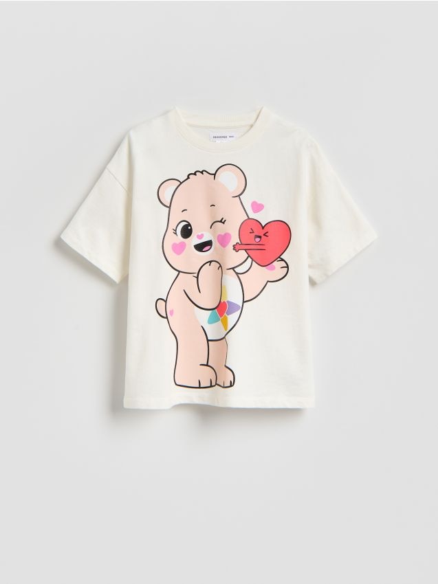 Reserved - T-shirt z nadrukiem Troskliwe Misie - złamana biel