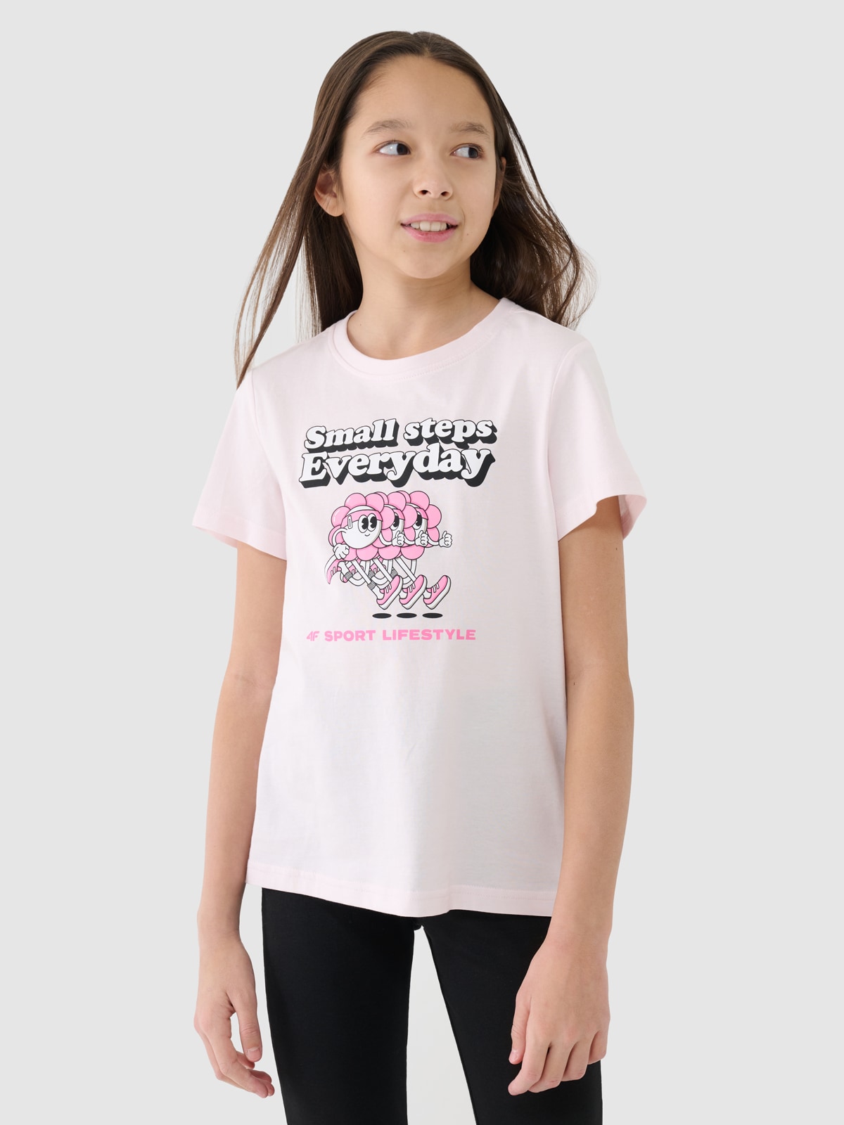4F T-shirt regular z nadrukiem dziewczęcy - beżowy 128 (7-8 lat)