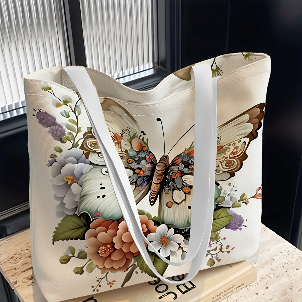 TEMU 1 szt. Torba na ramię, Damska torba na ramię w motylkowy kwiatowy wzór, Wielofunkcyjna torba typu tote, Wielokrotnego użytku, Boże Narodzenie,