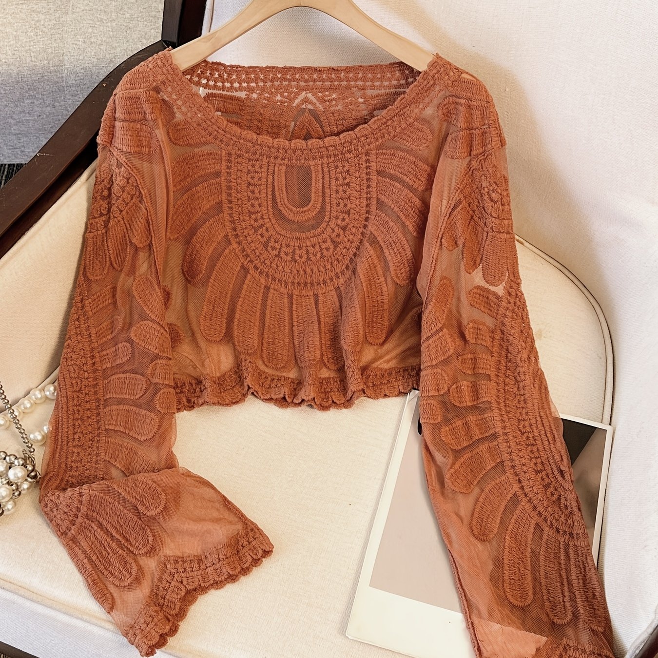 TEMU Bohemian Styl Szydełkowy Ażurowy Haftowany Krótki Letni Sweter Damski z Okrągłym Dekoltem i Długim Rękawem Casual