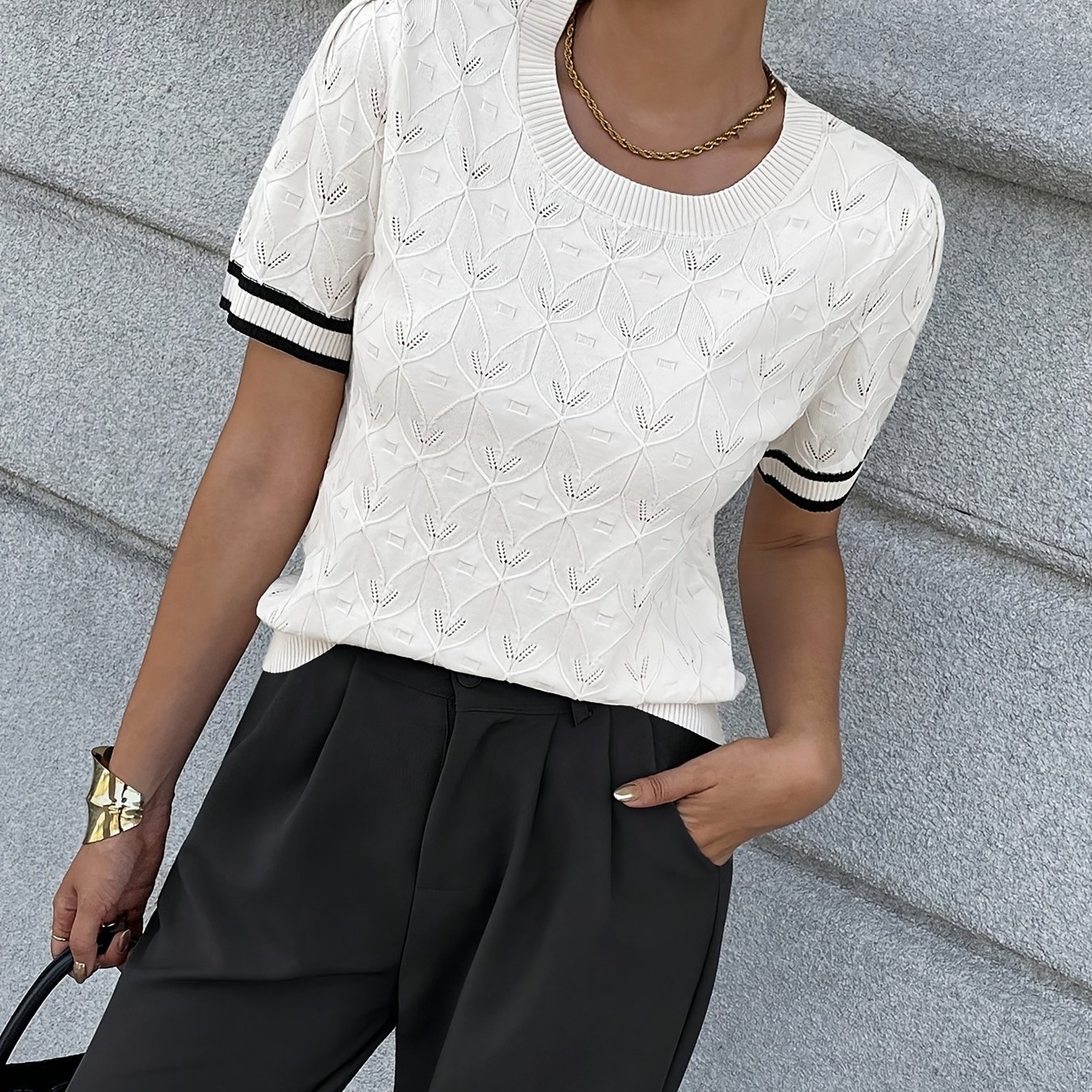 TEMU Letnia Damska Koszulka Wkładana przez Głowę, Regularne Ramiona, Okrągły Dekolt, Blok Kolorów, Krótki Rękaw, Casualowy Damski Top, Ażurowe