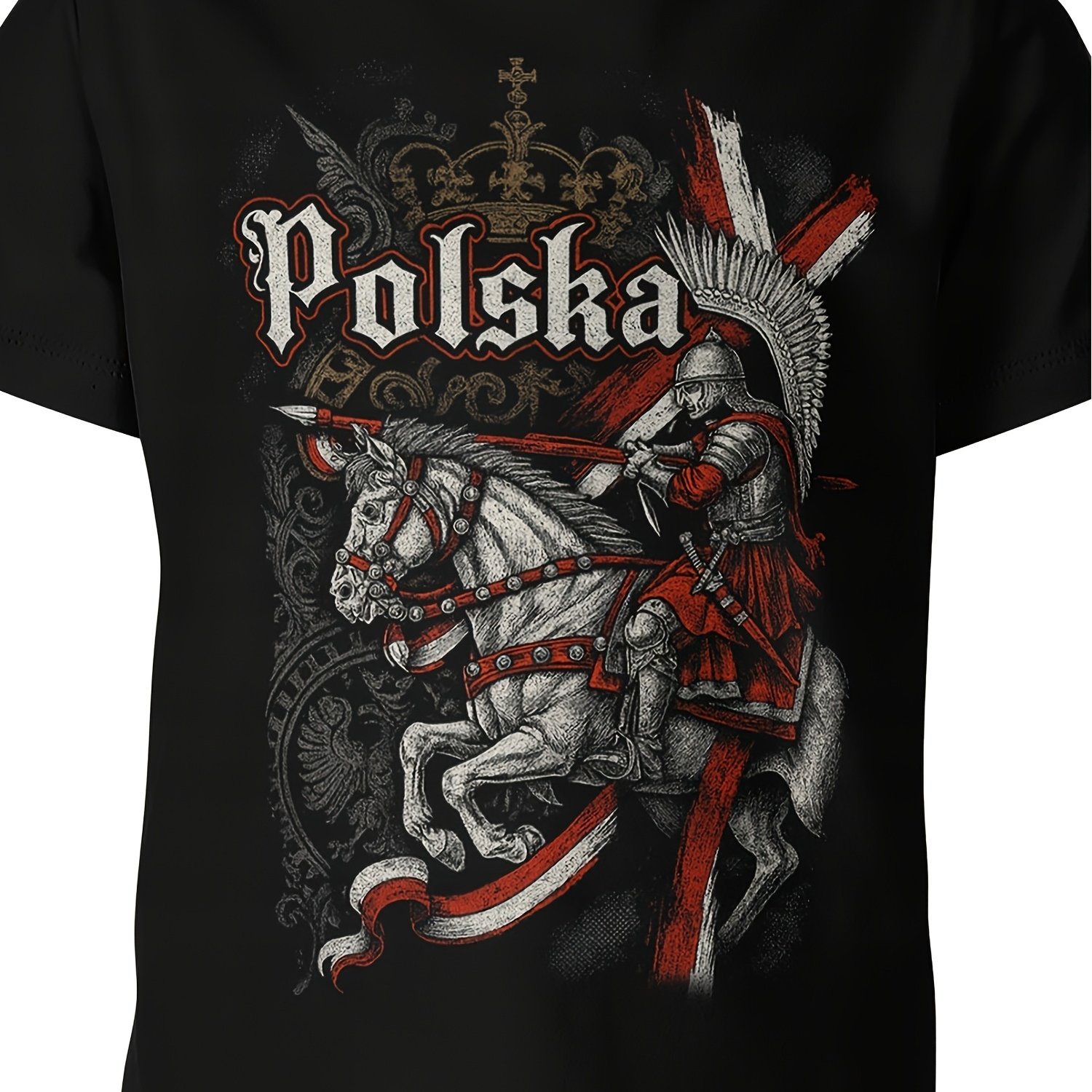 TEMU Koszulka Unisex Polski Husarz Rycerz Patriotyczny Orzeł z Orłem Casualowy Okrągły Dekolt, Elastyczny Materiał, Regularny Krój, Geometryczny