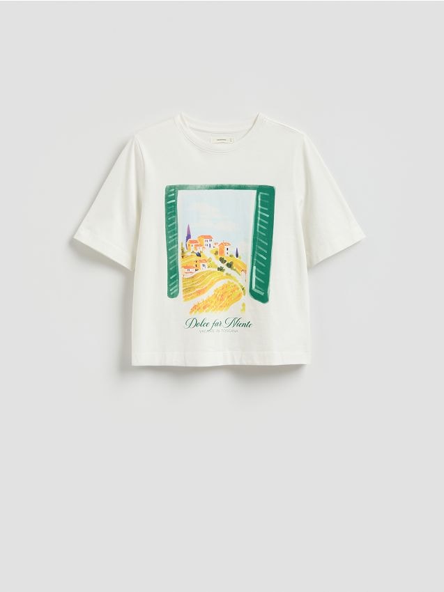 Reserved - Bawełniany t-shirt z nadrukiem - złamana biel