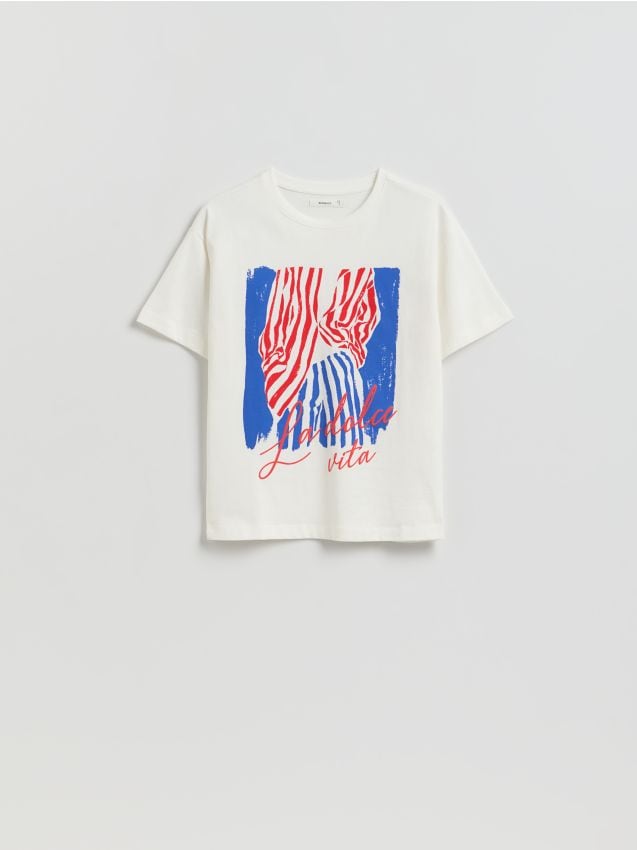 Reserved - Bawełniany t-shirt z nadrukiem - biały