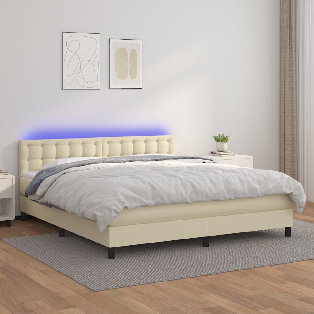 VidaXL Łóżko kontynentalne z LED, materac, kremowe, ekoskóra 160x200cm