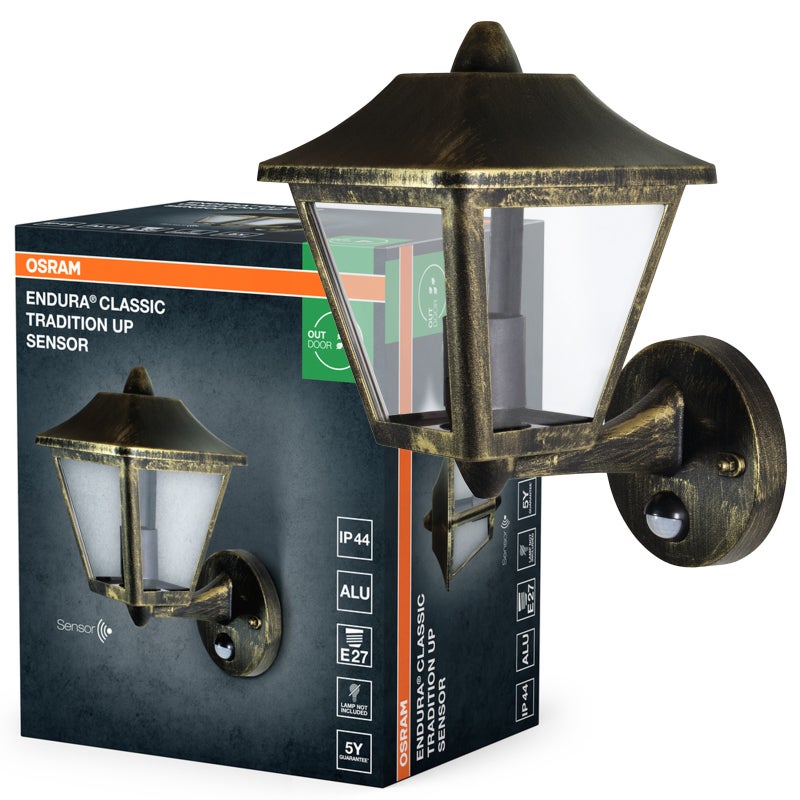 Kinkiet Ogrodowy Osram Lampa Elewacyjna Zewnętrzna Latarnia E27 Czarny Złoty IP44 z Czujnikiem Ruchu i Zmierzchu 1 szt.