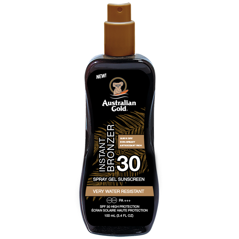 Australian Gold Instant Bronzer Spray Gel, żel w sprayu do opalania z bronzerem, SPF 30, travel size, 100 ml