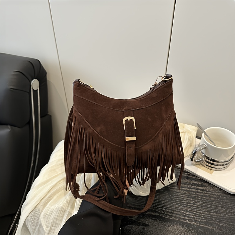 TEMU Damska torebka crossbody w stylu z frędzlami w stylu retro – miękka zamsz, metalowy dodatek, zapięcie na zamek błyskawiczny, regulowane ramię,