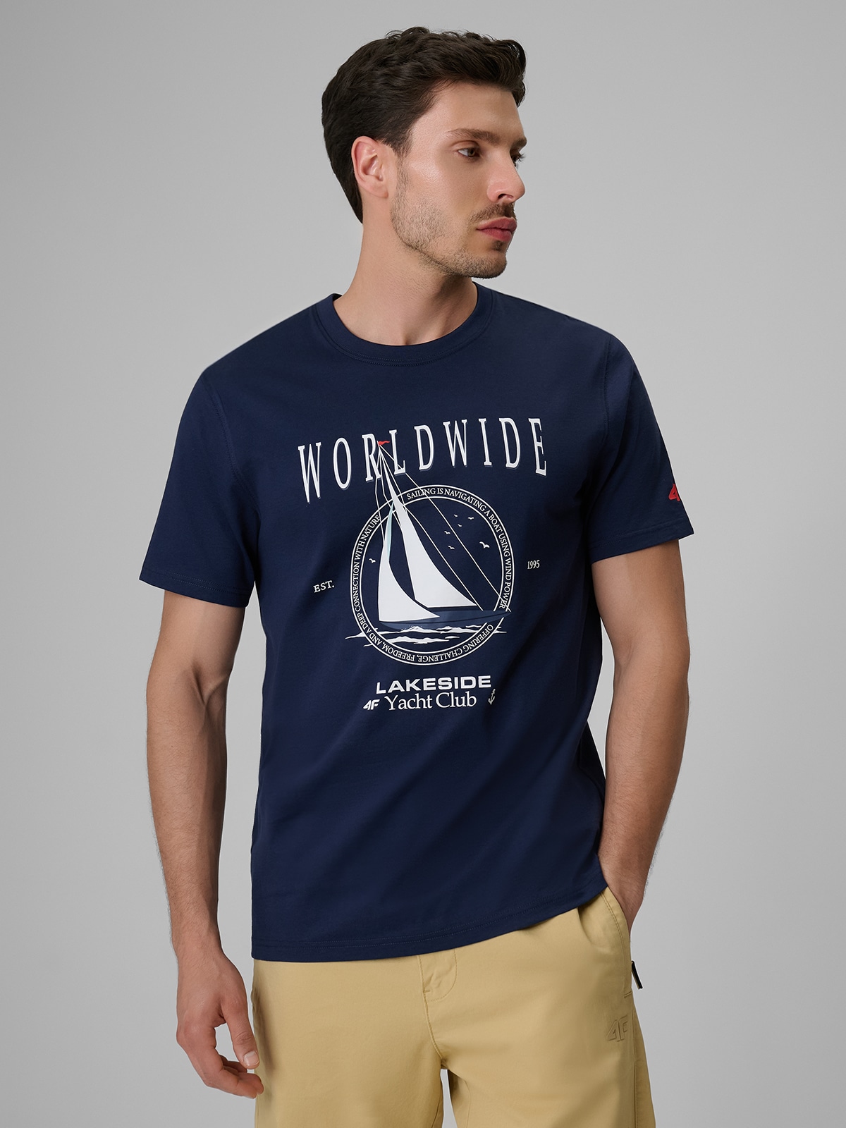 4F T-shirt regular z nadrukiem męski - granatowy XXL
