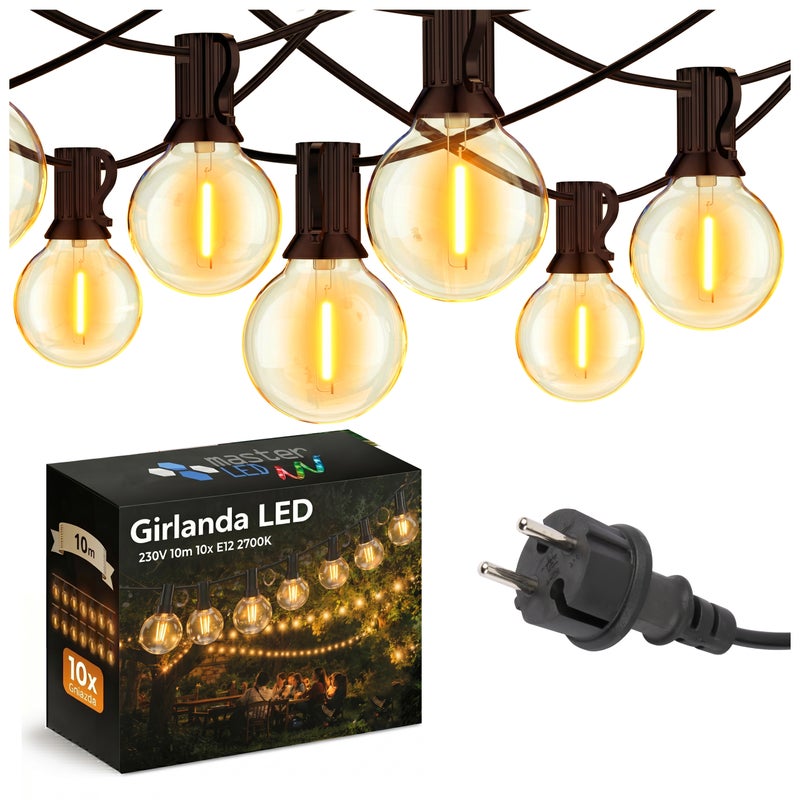Girlanda ogrodowa świetlna 10m z żarówkami 10x E12 LED zewnętrzna 2700K ciepła biel MasterLED
