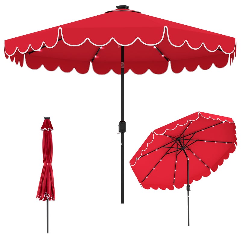 Parasol ogrodowy 3 m z 24 lampami LED, regulacją nachylenia, łatwą korbą, 8 żebrami, parasol poliestrowy, czerwony