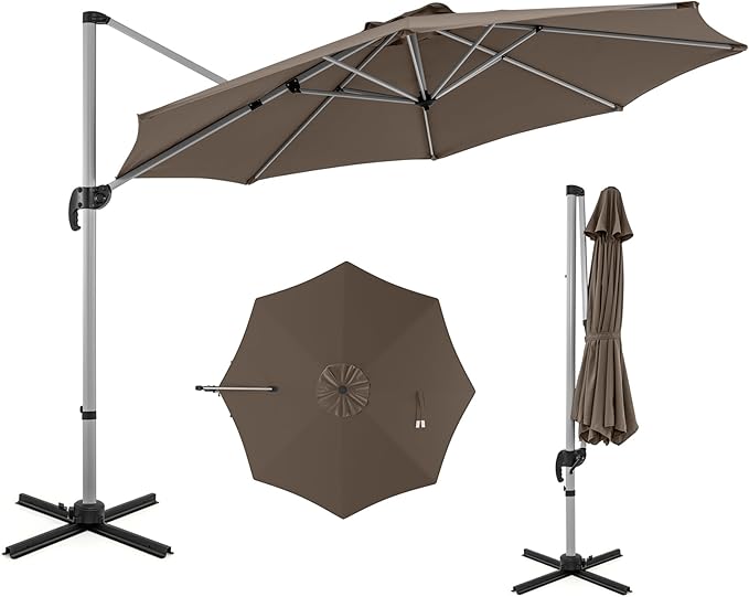 Parasol przeciwsłoneczny Ø 330 cm, z korbą, obracany o 360°, regulowany kąt nachylenia, UPF 50+, parasol ogrodowy, na taras, balkon (brązowy)