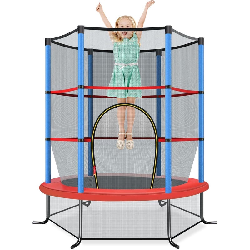 Trampolina zewnętrzna dla dzieci Ø165 cm z siatką zabezpieczającą, trampolina dla dzieci z ramą stalową i 6 słupkami pokrytymi pianką (niebieska)